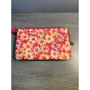 Coach Floral Wristlet Clutch Zip Pouch Red Orange Cream Canvas Leather Trim